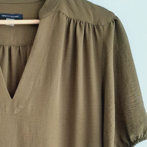 TOMMY HILFIGER | Puff Sleeve w/ Belt Flowy Light Knee Length Midi Dress Green 6 - Picture 6 of 14